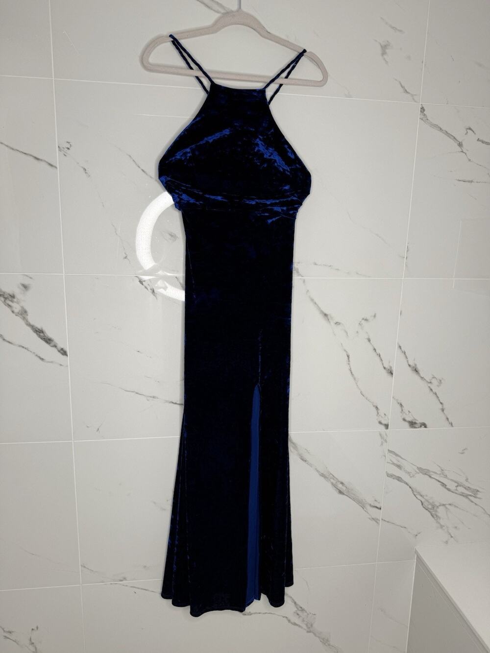 Vtg Morgan & co Prom Dress Maxi Gown Velvet 90s Y2K Glam Goth Halter Open Back
